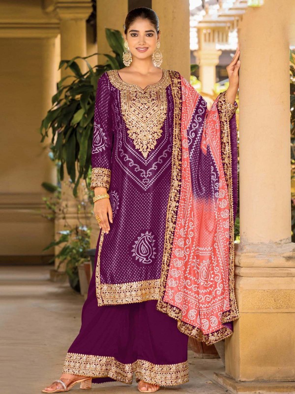 Dark Purple Real Chinon Silk Digital Print Plazzo Suit